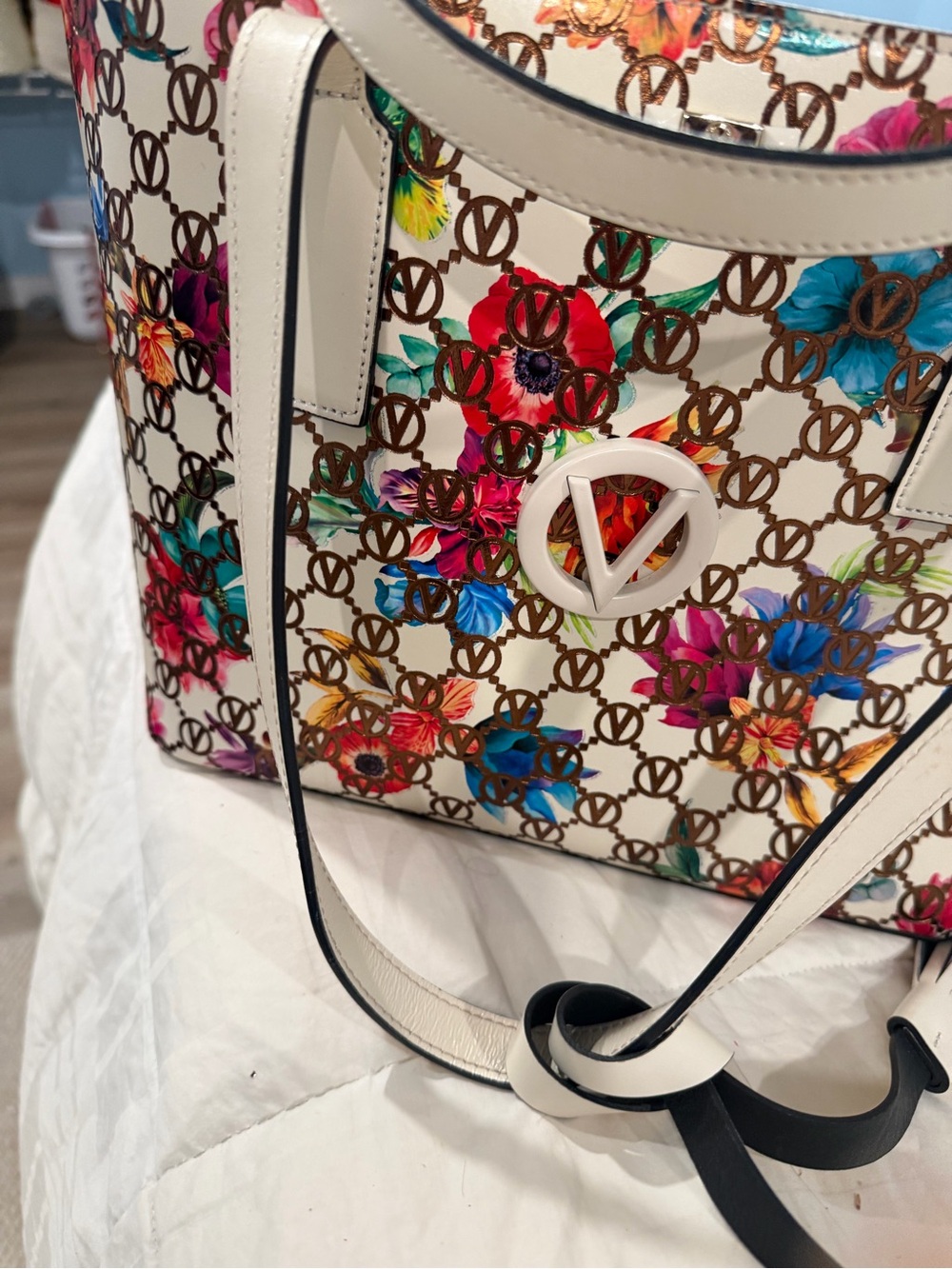 Valentino White Floral Logo Tote with Multicolor Flowers